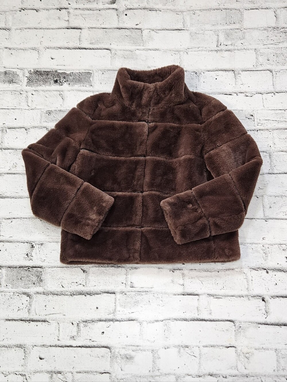 Karl Lagerfeld Paris Brown Faux Fur Jacket Womens Small High Collar